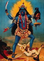 Kali trampling Shiva. Chromolithograph by R. Varma.